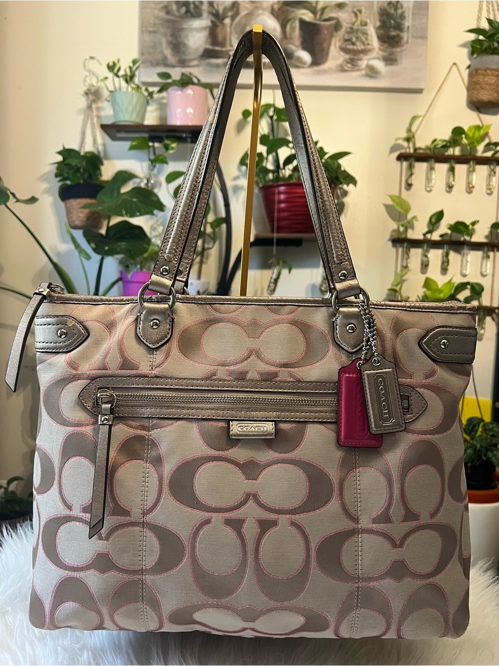 Coach Taupe and Pink Signature Tote with Leather Trim